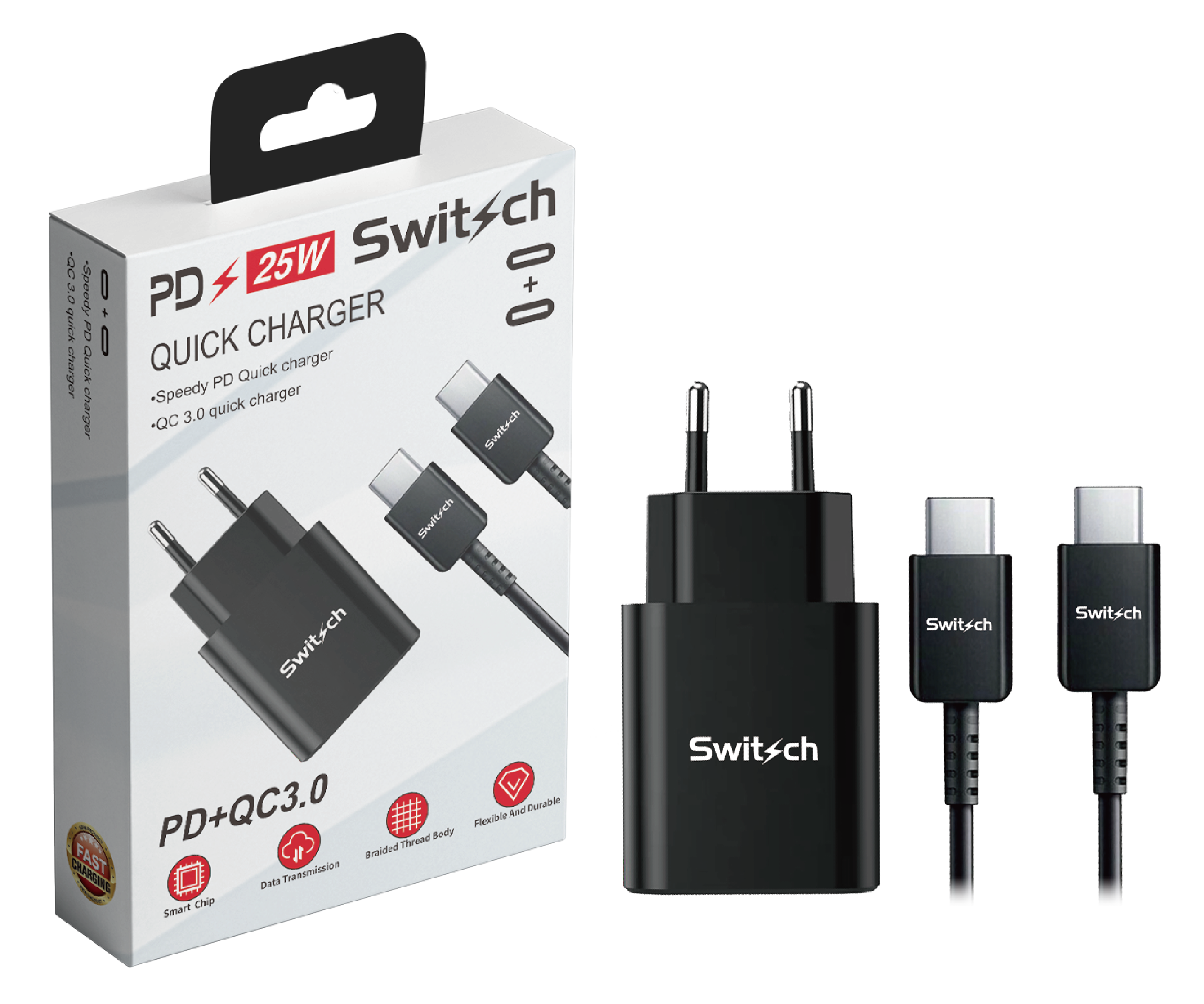 Chargeur Rapide 25W USB-C PD & QC 3.0 avec Câble USB-C vers USB-C (1m) - Pour Samsung S23/S22, iPhone 15, Pixel - Noir