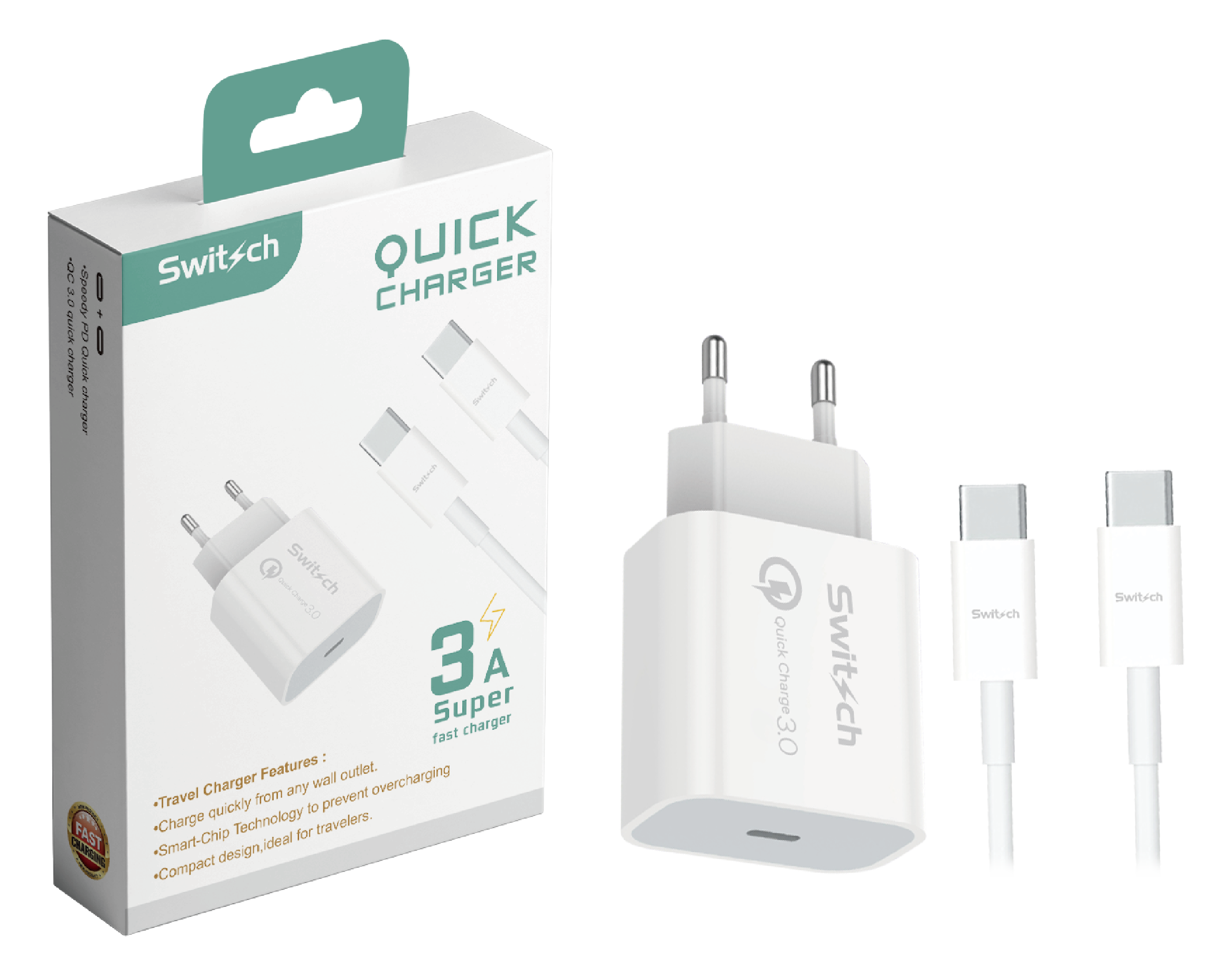 Chargeur Rapide 3A USB-C Quick Charge 3.0 avec Câble USB-C vers USB-C (1m) - Pour Android, Samsung - Switch