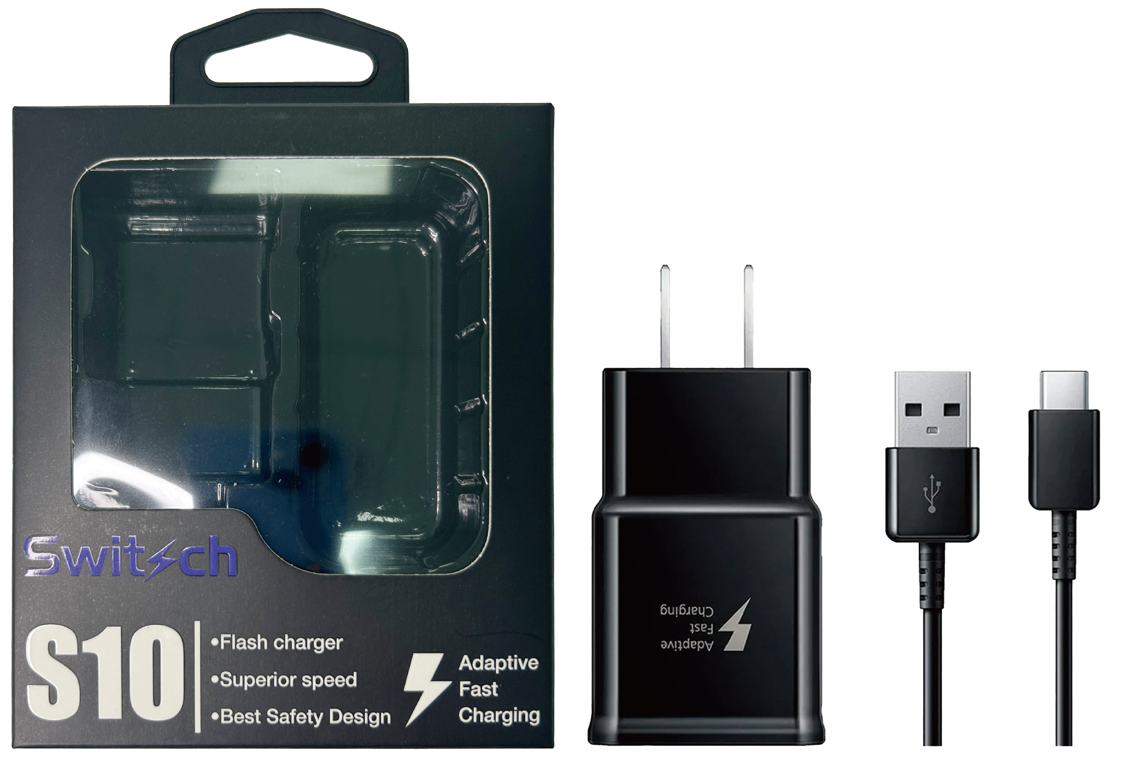Chargeur Rapide pour Samsung S10 (Adaptive Fast Charging) + Câble USB-C - Pack Complet Noir - Switch