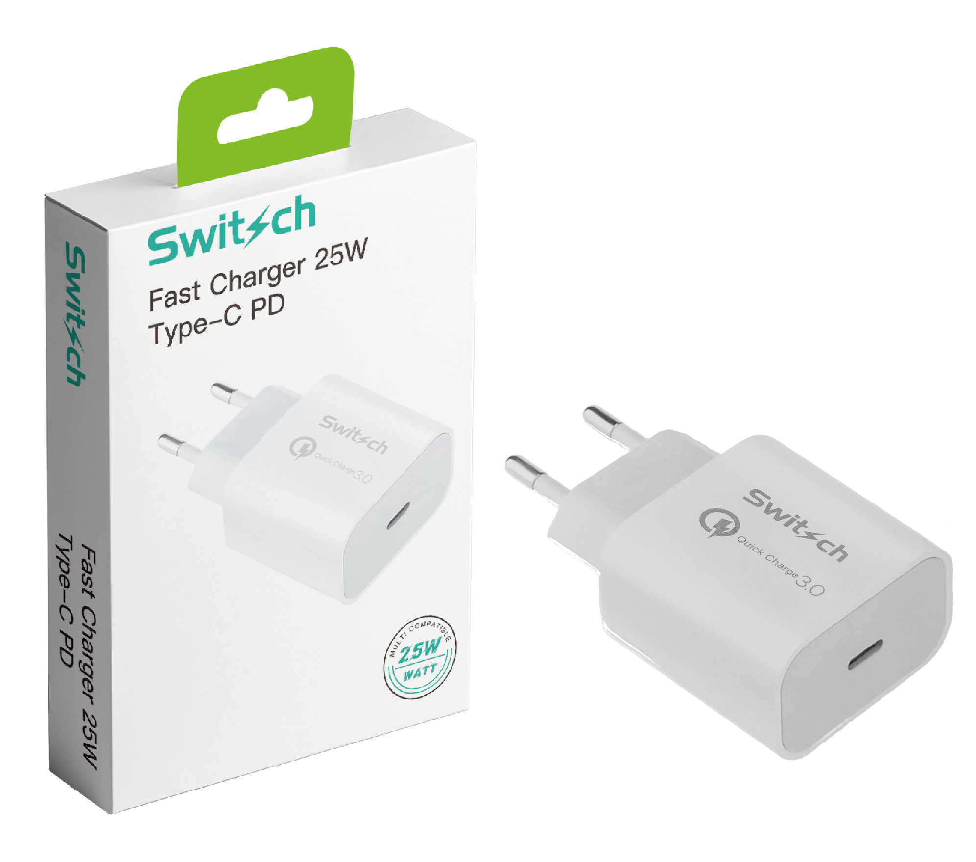 Chargeur Rapide 25W USB-C Power Delivery 3.0 & QC 3.0 - Pour Samsung, iPhone 15, Pixel - Switch (Blanc)