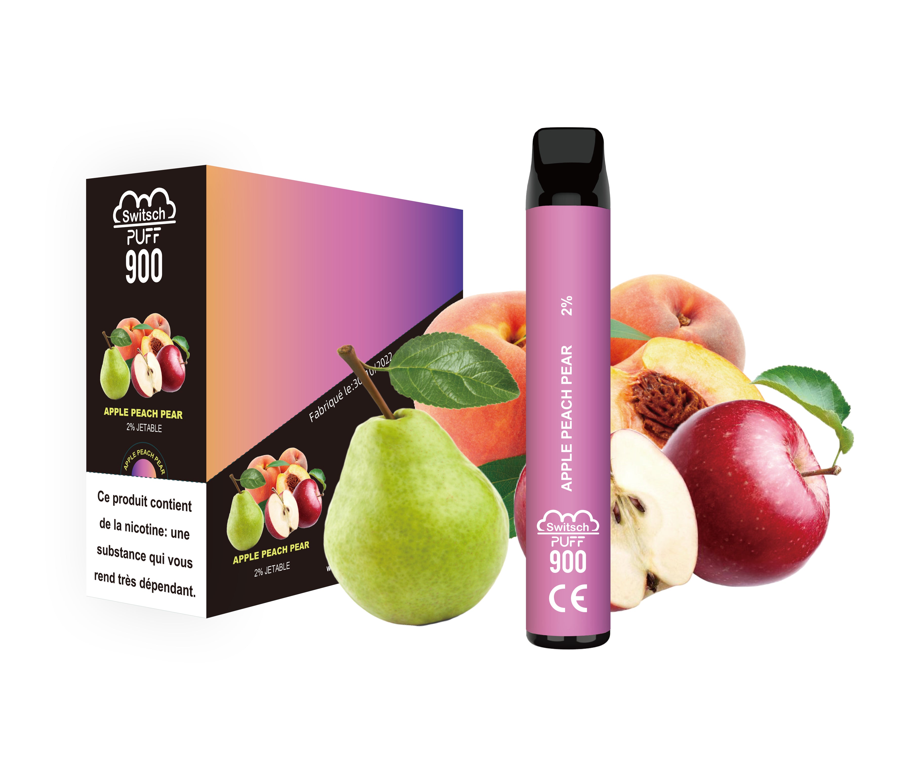 Vape jetable avec nicotine - Puff 900 - Apple Peach Pear